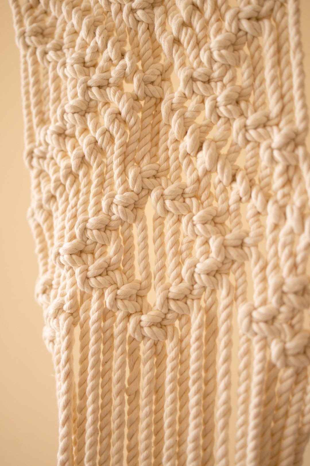 Close-up of a cream-colored knotted rope wall hanging with a textured geometric pattern against a matching beige background.