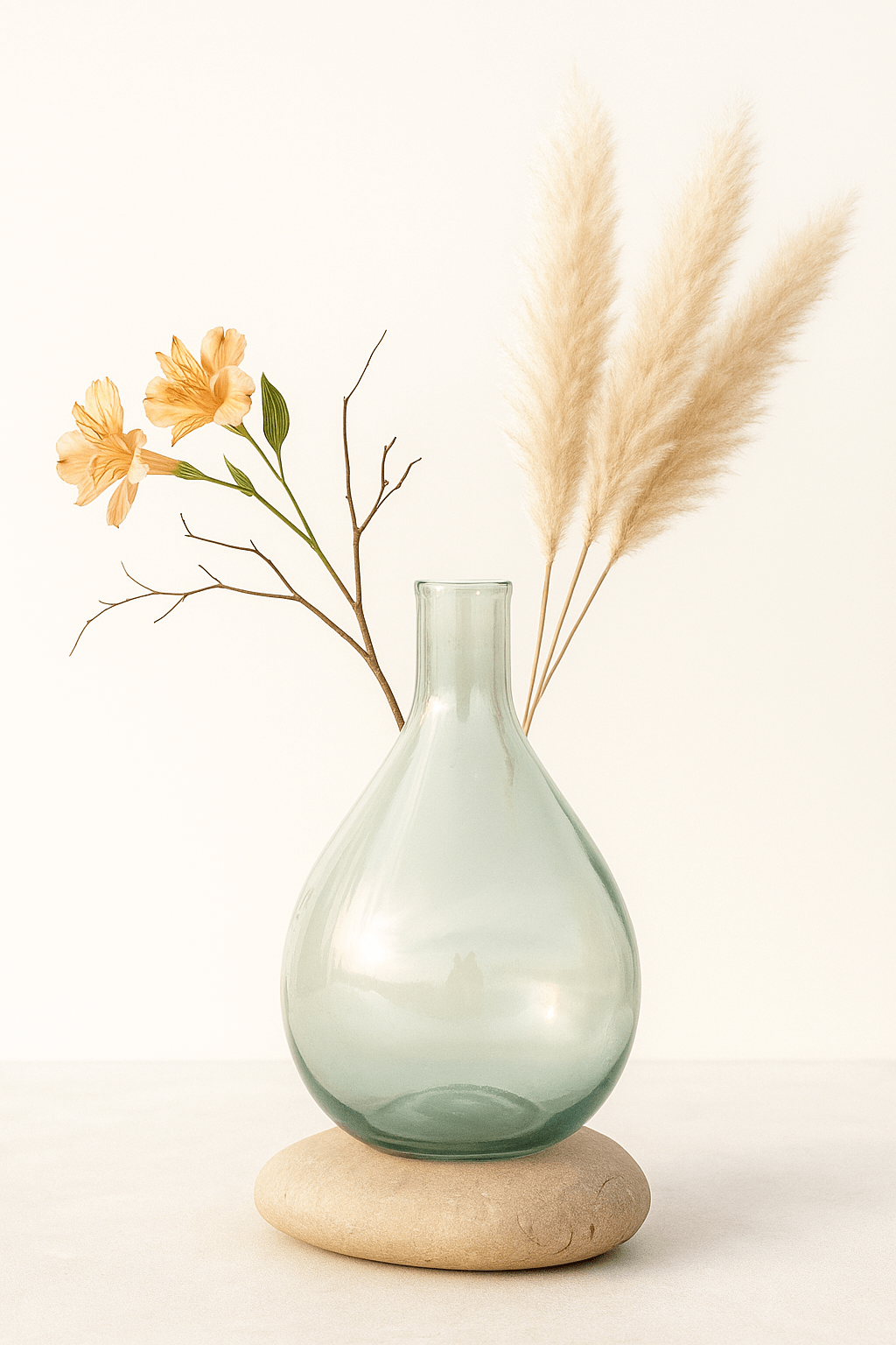 Green glass vase on a wooden base with flowers and dried plants on a light background