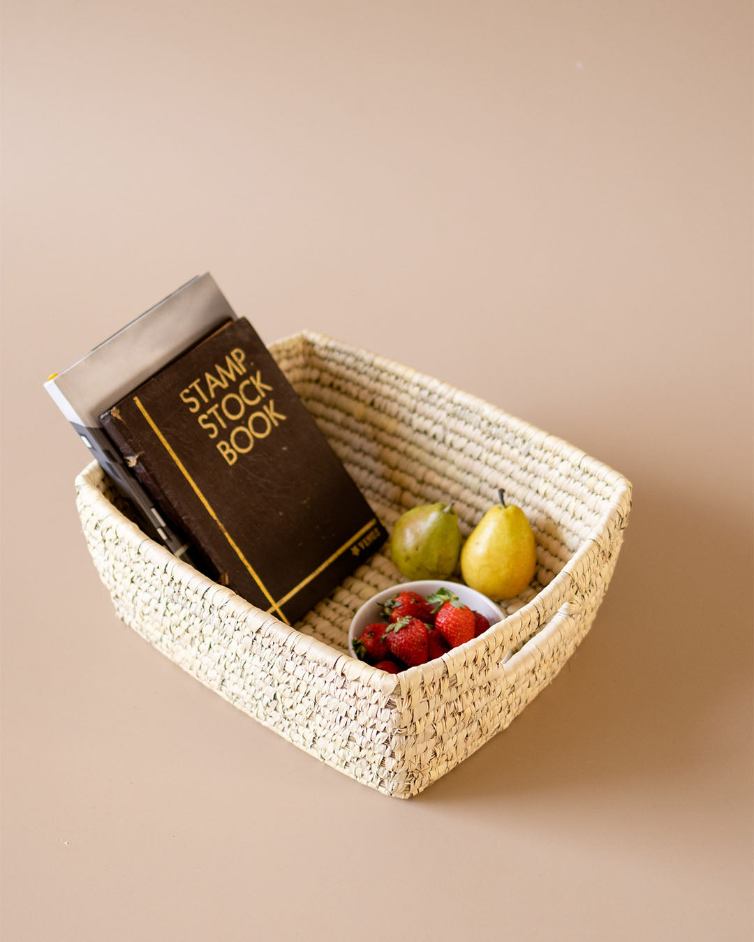handwoven rectangular wicker storage basket for shelf at Kolus