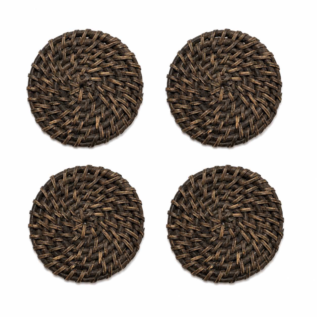 Four round woven dark brown placemats arranged in a 2x2 grid on a plain white background.