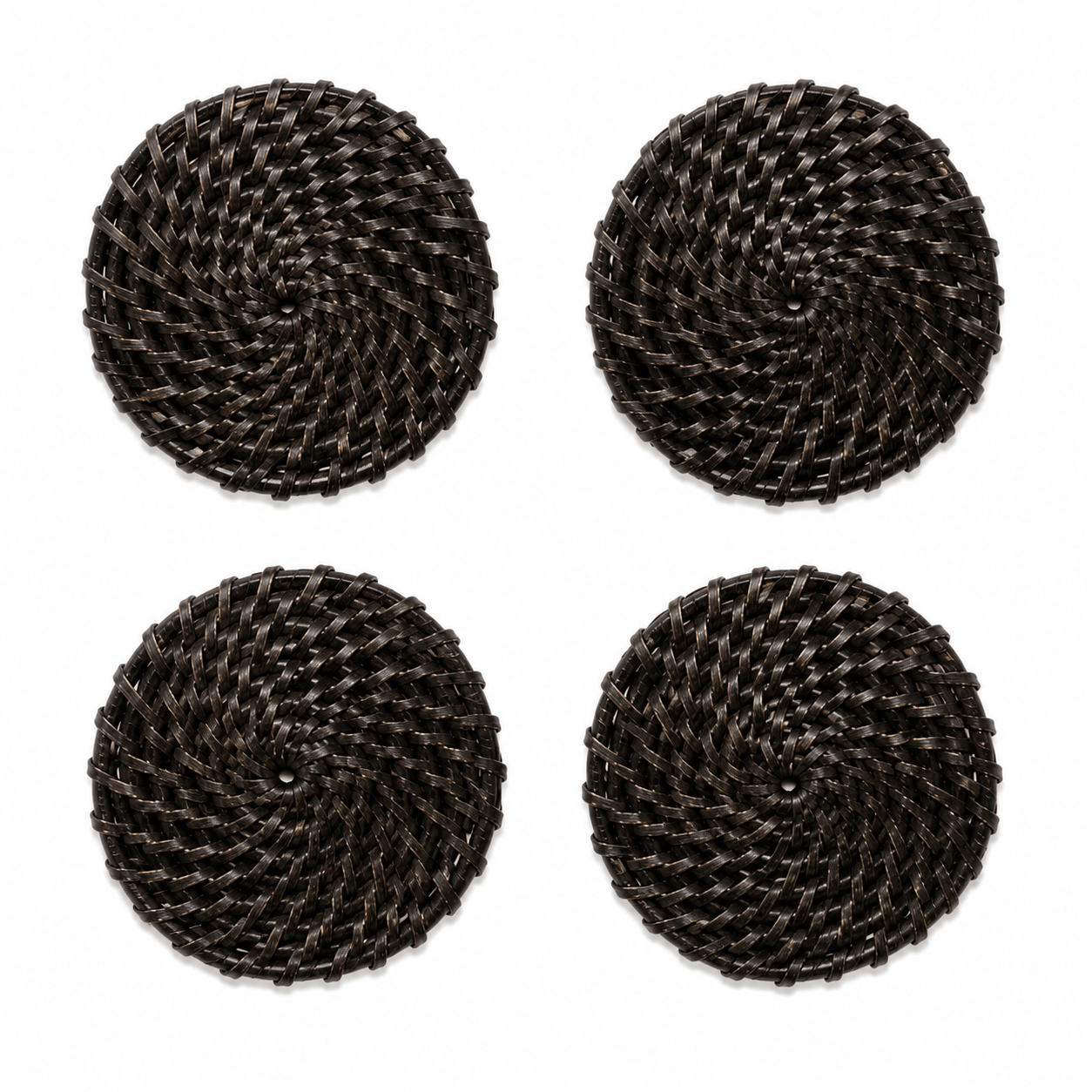 Four round woven placemats arranged in a 2x2 grid on a white background.