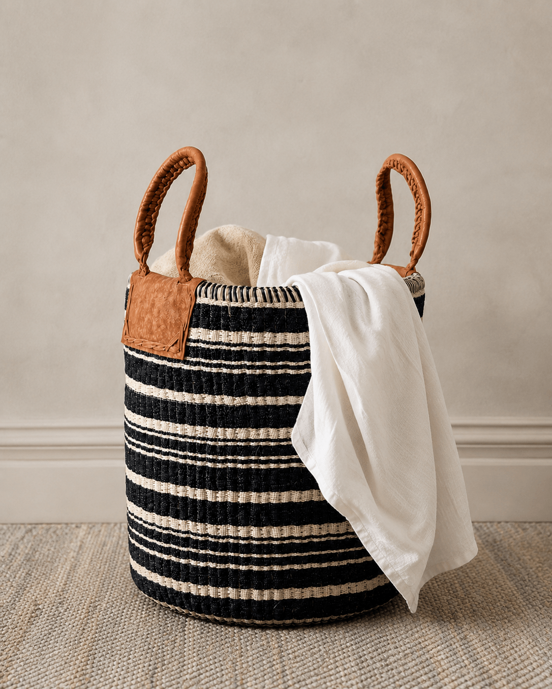 Cotton Laundry Basket with Leather Handles