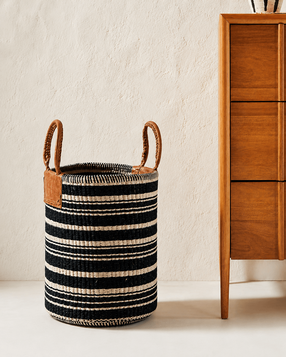 Cotton Laundry Basket with Leather Handles