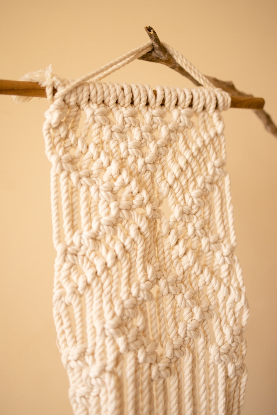 A cream-colored macrame wall hanging with a textured geometric pattern, suspended from a natural wood branch against a solid beige background.