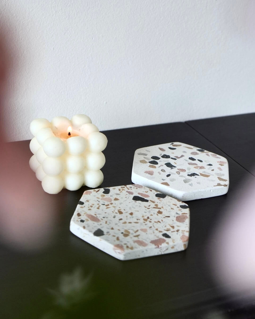 Terrazzo Coasters Set of 2 and bubble candle